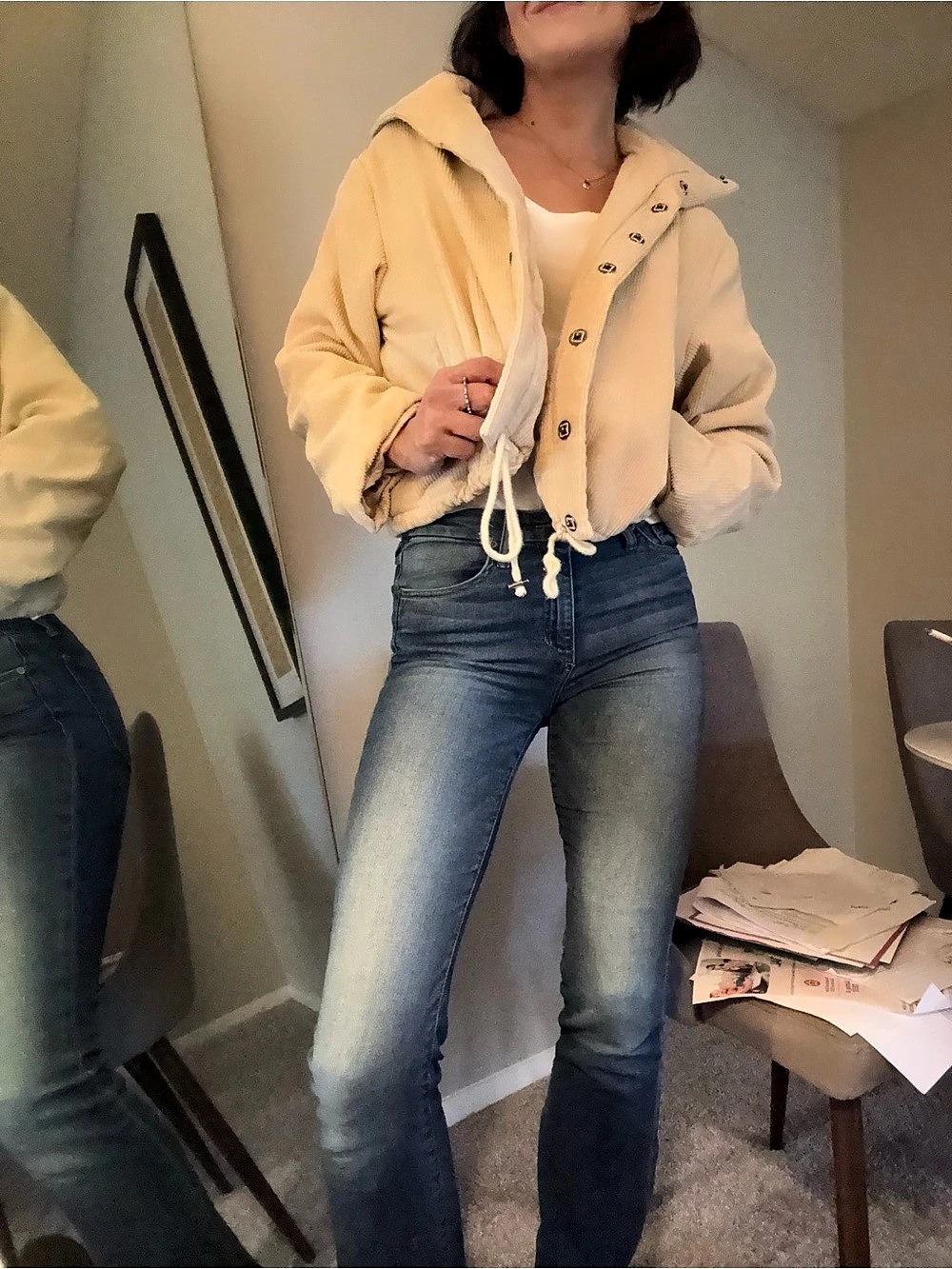 Corduroy cropped cream fall puffer Jacket
